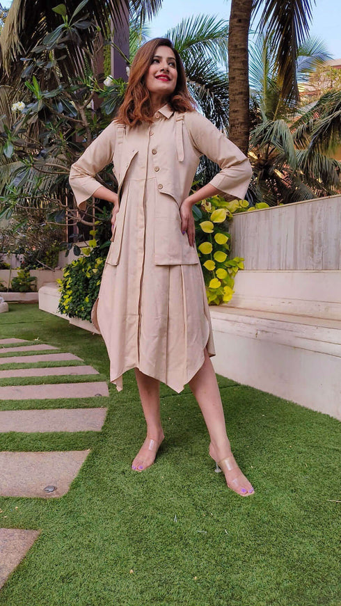 Beige Shirt Dress With Waist Coat